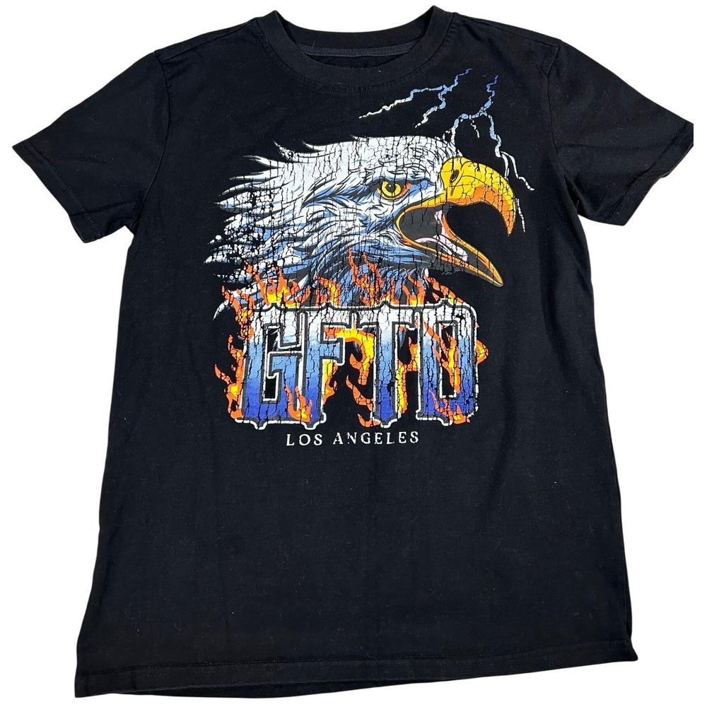 GFTD LA Mens Black Eagle Flames Graphic T-Shirt Small Los Angeles Streetwear Tee